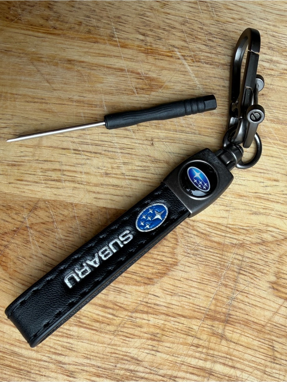 Subaru Leather Keychain Fob with Metal Clip - Black & Blue